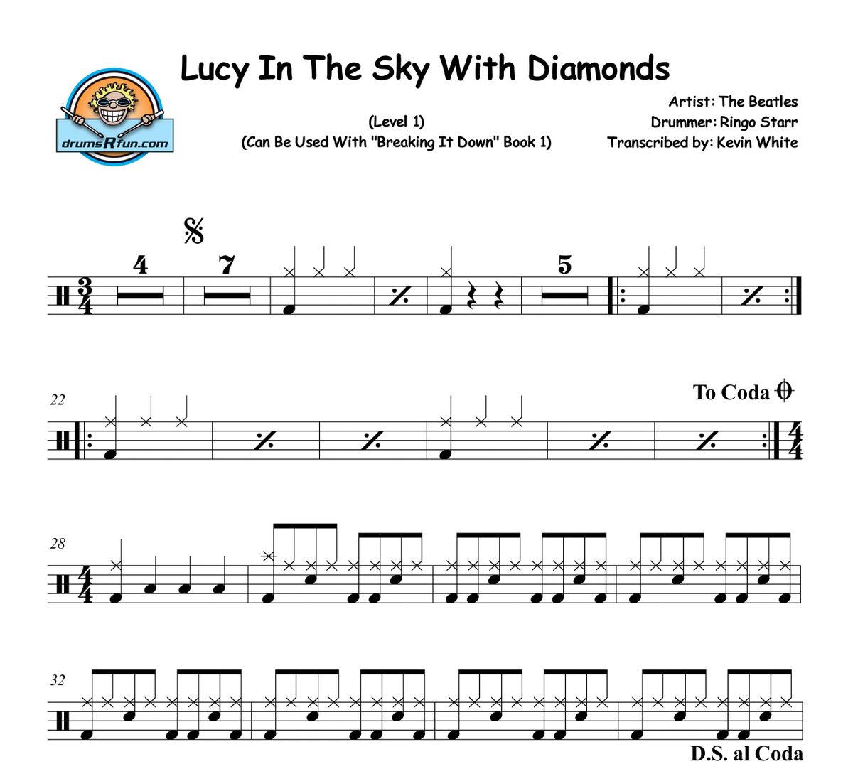 The Beatles, Lucy In The Sky With Diamonds Drum Transcription Level 1
